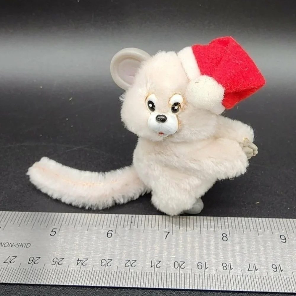 VTG Korea White Christmas‎ Mouse Clip On Santa Hat Plush Retro Kitsch Ornament